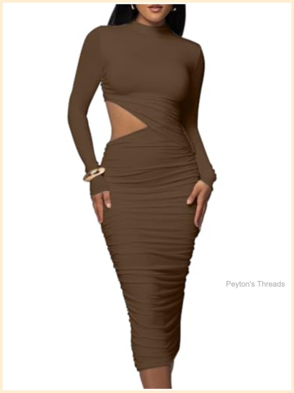 Mock Neck Long Sleeve Ruched Midi Dress Stretchy Bodycon Party Club